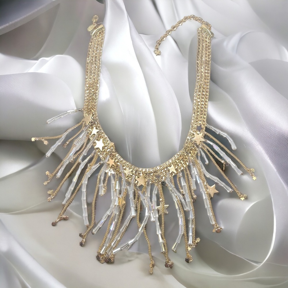 Kirks Folly Vintage Gold Tone Layered Crystal Stars Bib Statement Necklace 19in